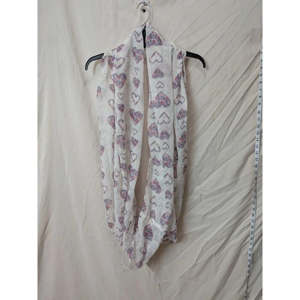 Vintage Candie's Sheer White Infinity Scarf with Pink & Blue Floral Hearts